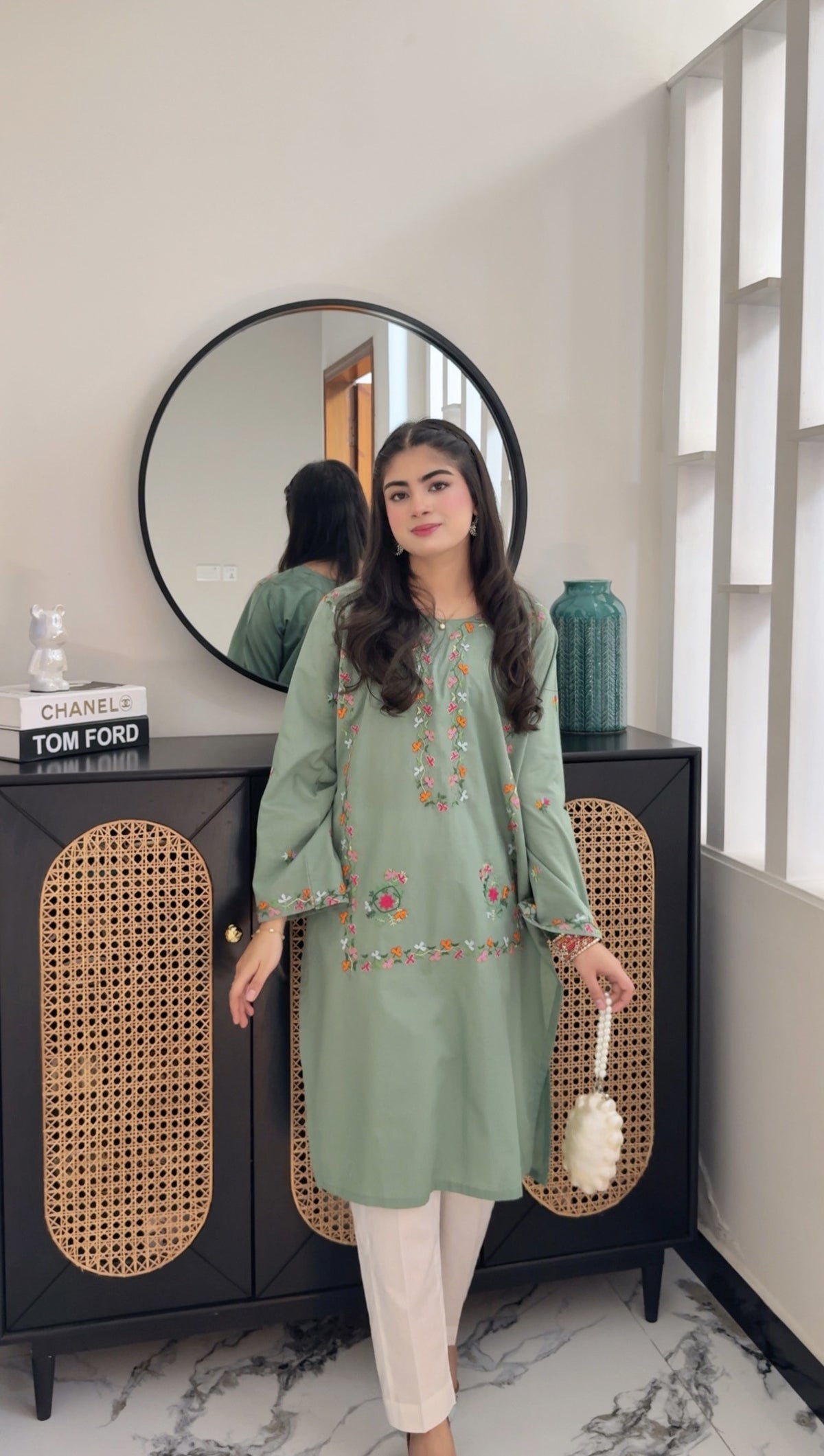 Sage green kurta set, real photo angle