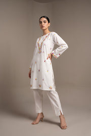 White multicolour embroidered kurta, front view