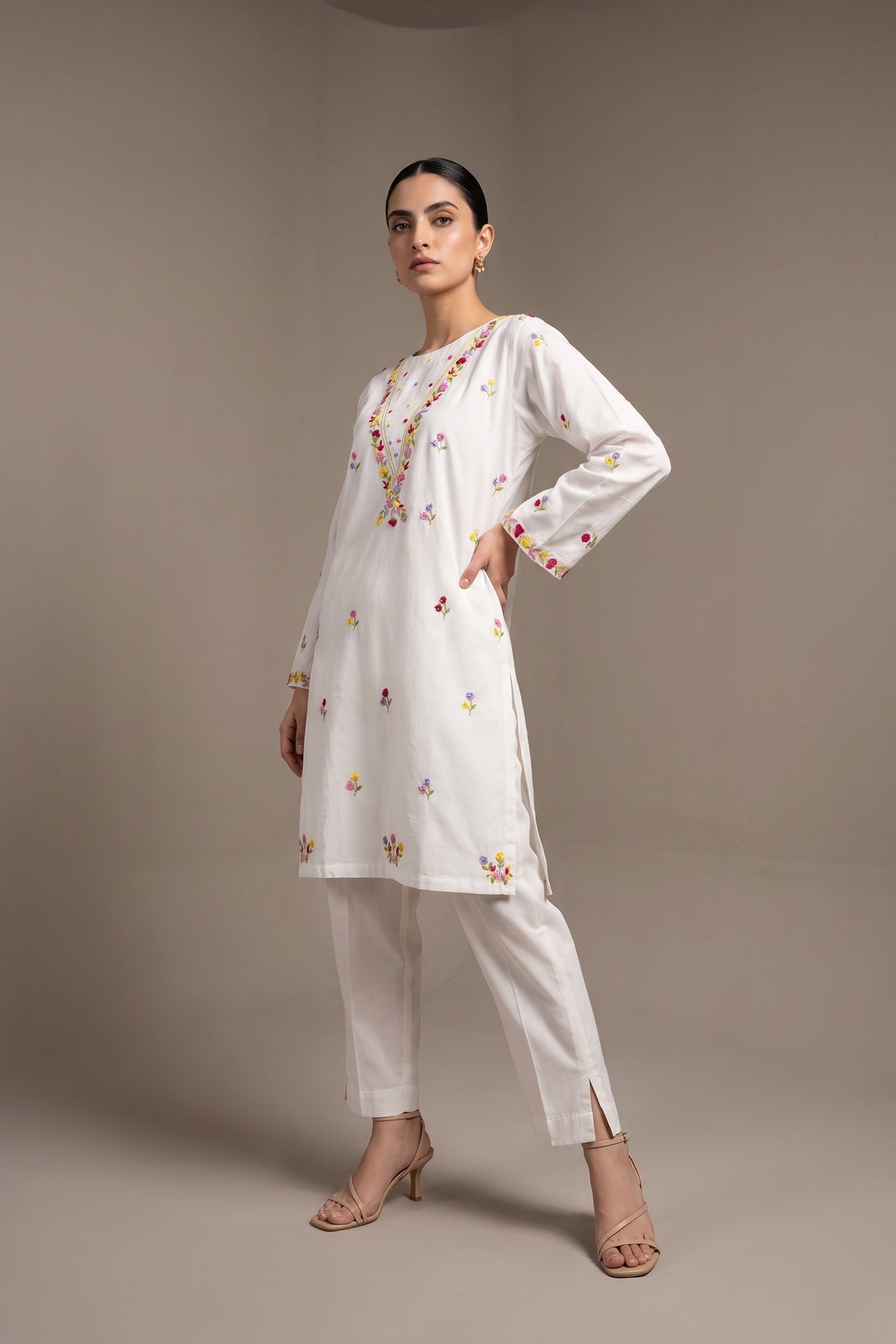 White multicolour embroidered kurta, front view