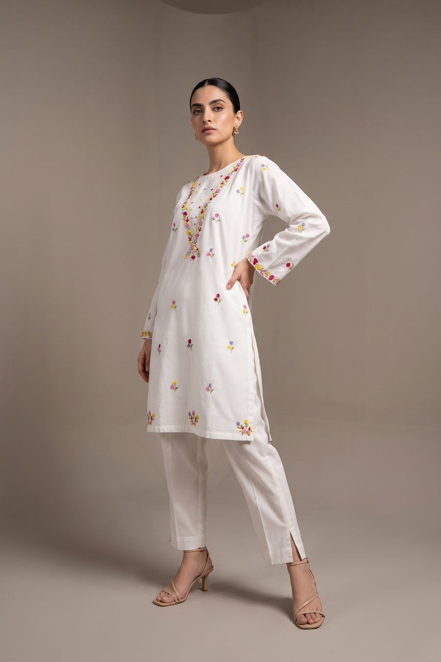 White multicolour embroidered kurta, front view