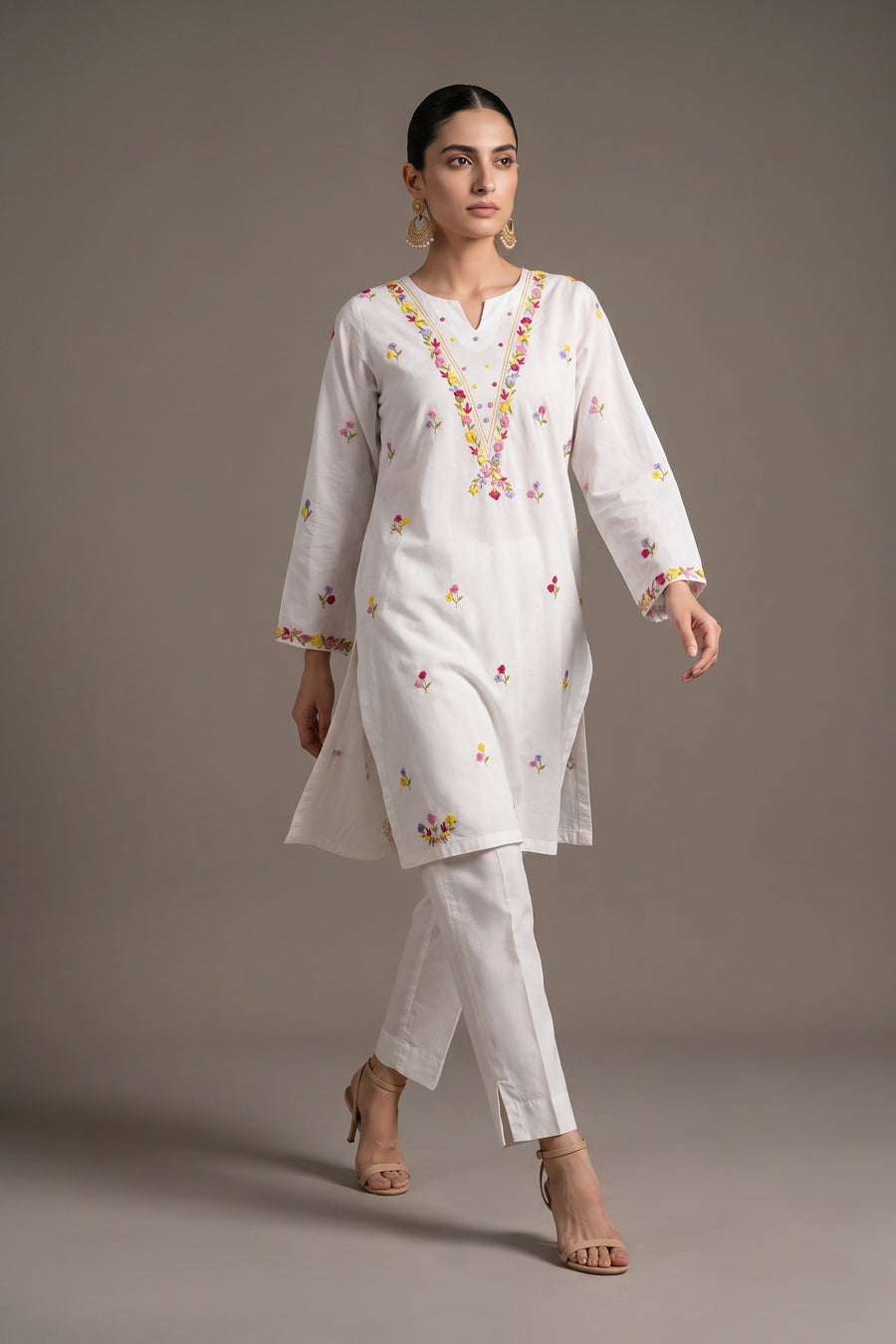 White multicolour embroidered kurta, walking